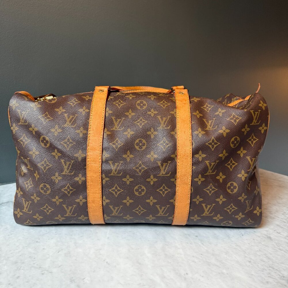 Louis Vuitton Brown Monogram Travel Duffle with Tan Leather Trim